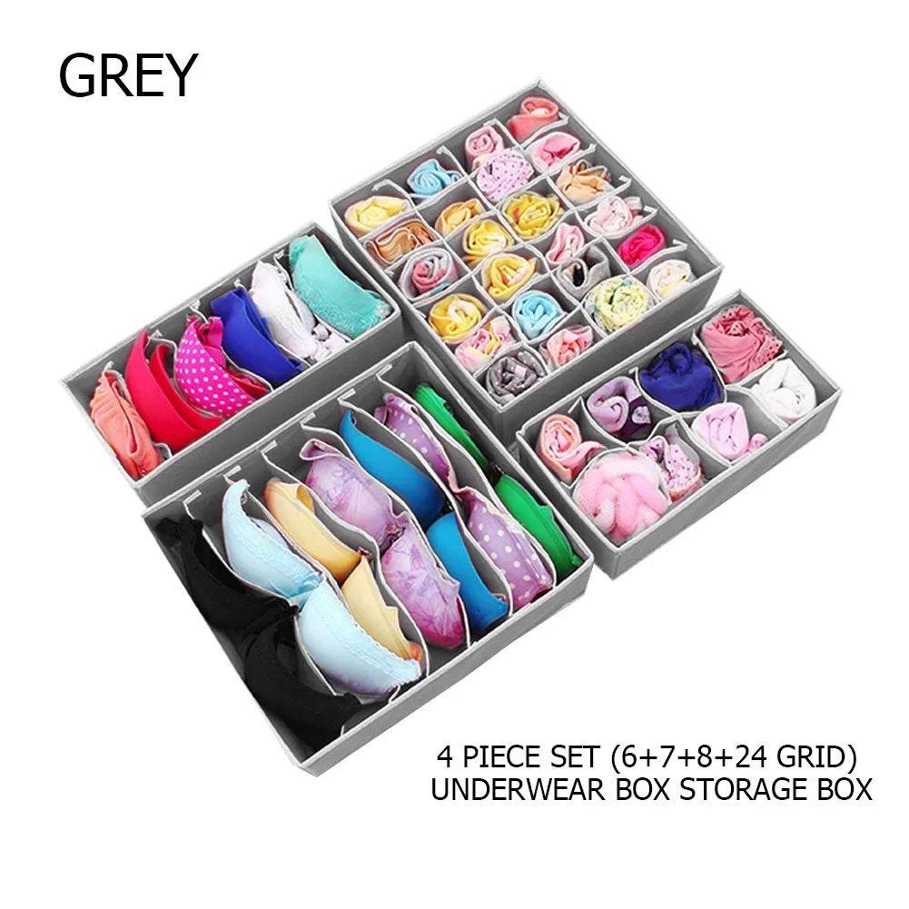 Grey 4Pcs Foldable Storage Boxes Underwear Divider Drawer Lidded Closet Organizer Interior Organizador For Ties Socks Shorts Bra J16 - Цвет: Grey