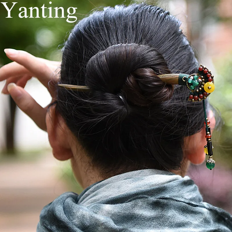 Yanting этнические зеленые сандаловые палочки для волос для женщин красный желтый камень заколки для волос с кисточкой Винтажные Украшения для волос ручной работы 031