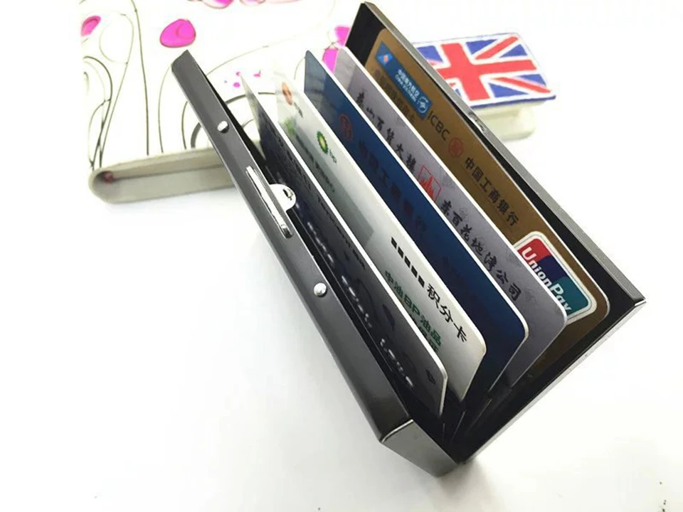Rfid черный металлический держатель для карт из нержавеющей стали для женщин и мужчин, чехол для кредитных карт из воловьей кожи, бизнес держатели, органайзер, кошелек, кошелек для монет