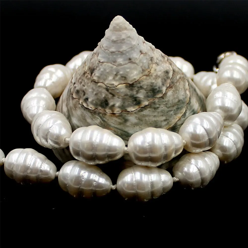 

Free Shipping 13x18mm Olivary White South Sea Shell Pearl Beads Knot GP Clasp Lady Jewelry Necklace 18"