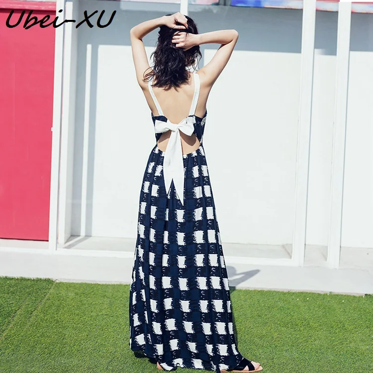 Ubei Summer show thin beach DRESS new seaside plaid full dress fairy sexy backless halter long | Женская одежда