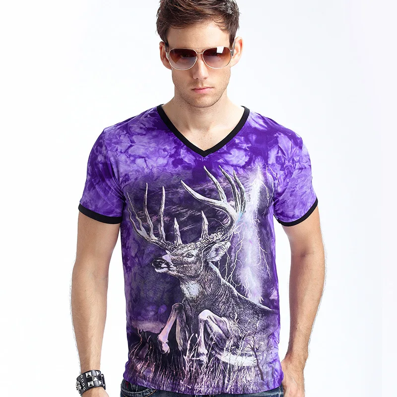

2016 Summer Mens Tie Dye Wolf Print 3d t shirt Cotton V Neck Tee Shirt homme de marque Funny t shirts Luminous tshirt Male Tops