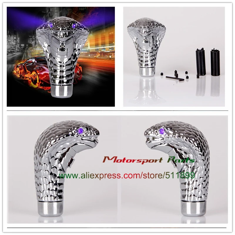 

3D Chrome Cobra Snake Red Eye LED Light Manual Car Gear Shift Knob Shifter Lever Blue Eye LED light Universal