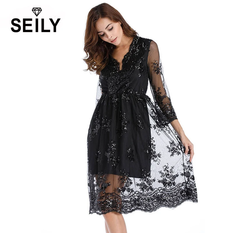Женское кружевное платье миди с вышивкой и блестками рукавом 3/4|robe sexy femme|robe sexymidi