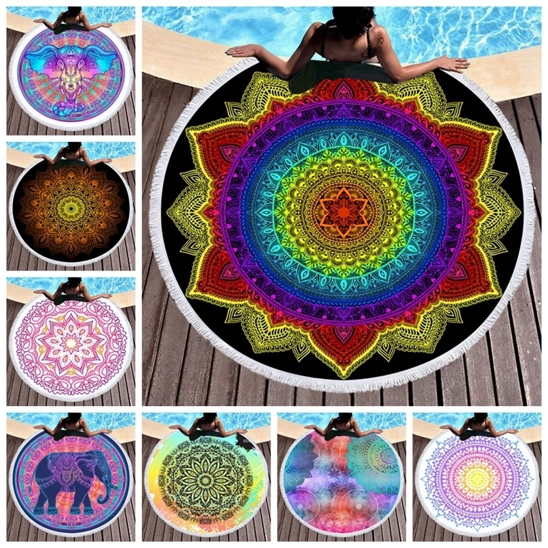 Круглое пляжное полотенце с принтом мандалы слона и цветов из микрофибры в