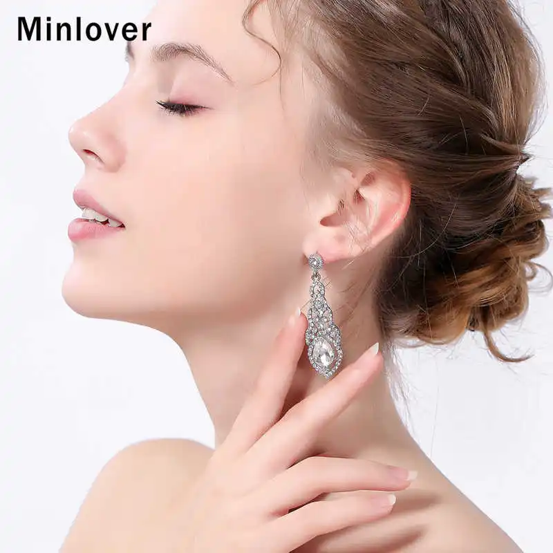Minlover Новые Свадебные Длинные серьги с кристаллами для женщин цвета шампанского