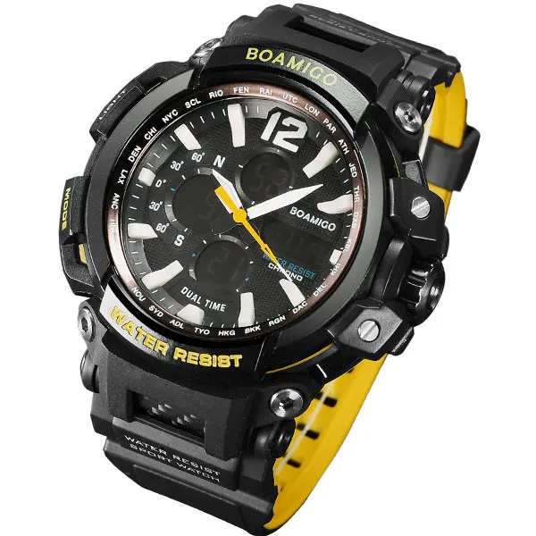 black yellow Бренд BOAMIGO, мужские спортивные цифровые аналоговые часы, мужские светодиодный часы с двойным временем, водонепроницаемые ударные наручные часы, мужские часы - Цвет: black yellow