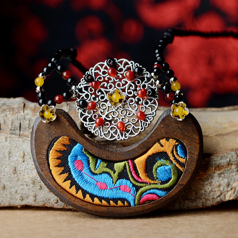 Этническая Вышивка деревянная подвеска для ожерелья женщин из медного сплава roudn