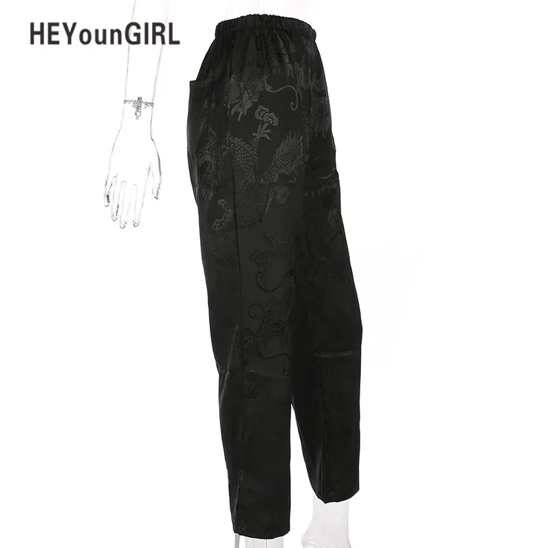 HEYounGIRL, прямые штаны, повседневные, свободные, женские, высокая талия, с принтом дракона, хип-хоп, черные штаны,, китайский стиль, низ