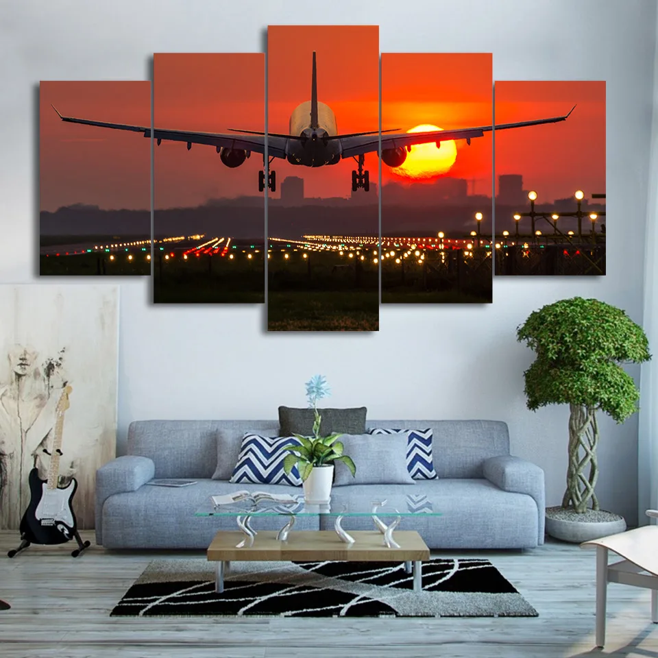 

Modular Vintage Art Canvas Wall Poster Tableau Picture 5 Panel Plane Red Sunset Home Decor Print Painting For Living Room