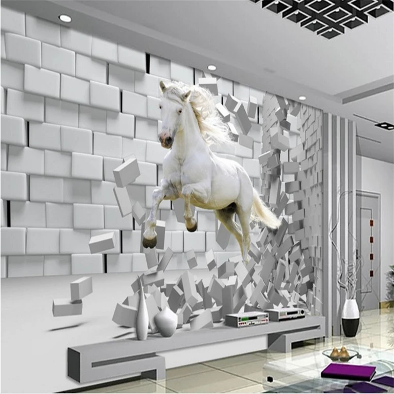 Beibehang большая настенная разбитая стена Белая лошадь 3D ТВ гостиная спальня диван