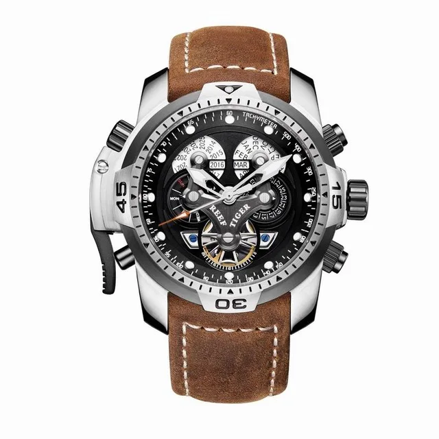 Reef Tiger Aurora Serier RGA3503 мужские спортивные военные многофункциональные автоматические механические наручные часы с циферблатом-кожаный ремешок для часов