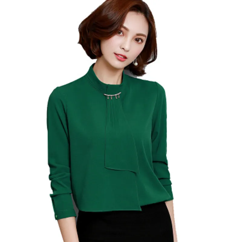 

2019 Spring And Autumn New Large Size Women's Long-sleeved chiffon Shirt Wild Stand Collar Simple Solid Color Shirt Female Tide