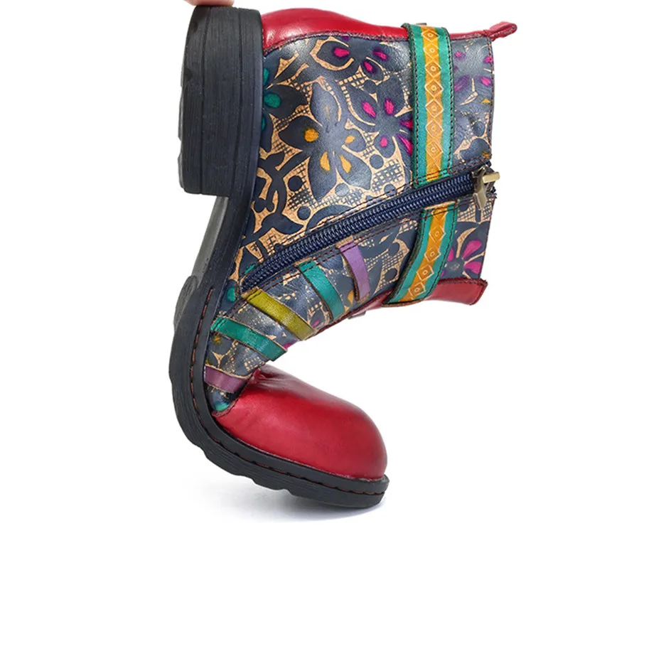 D Knight New Genuine Leather Ankle Chelsea Boots Women Shoes Vintage Bohemian Autumn Zip Printed Stripe Shoes Woman Botas Mujer