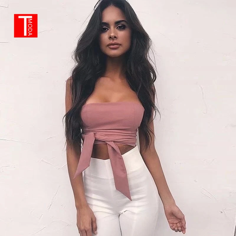 T MODA Новое поступление 2018 Сексуальная бинты бант Crop танки с плеча топы для Для
