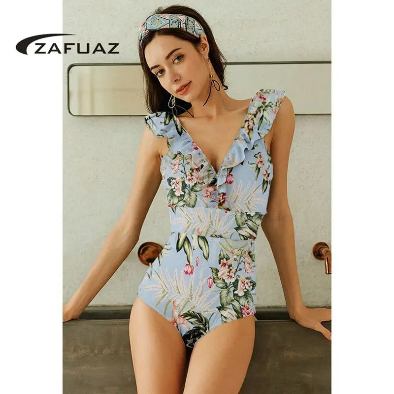 Женский купальник в полоску ZAFUAZ синий купальный костюм стиле ретро с v образным