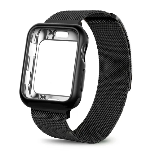 black Чехол+ ремешок для Apple Watch 5 4 ремешок 44 мм 40 мм iWatch 42 мм 38 мм браслет из нержавеющей стали Миланская петля Apple watch 3 2 42/38 - Цвет ремешка: black