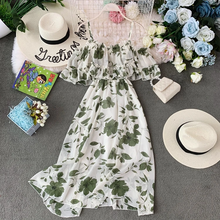 Ailegogo New Women Holiday Beach Chiffon Long Dress Spaghetti Ruffles Female Floral Print Midi Dresses Ladies Backless Vestidos | Женская