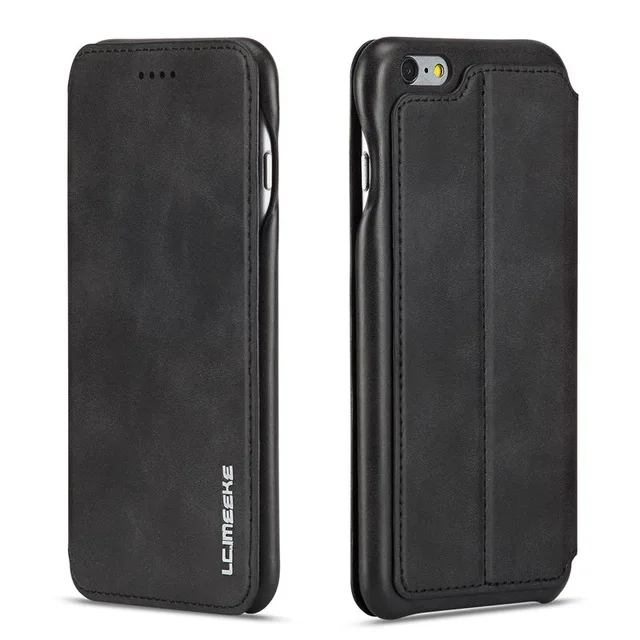 Винтажный тонкий кожаный чехол-книжка для iPhone 6, 7, 8 Plus, XS, 11 Pro, Max, XR, X, с магнитной застежкой, с функцией подставки, с отделением для карт, чехол-кошелек - Цвет: Черный