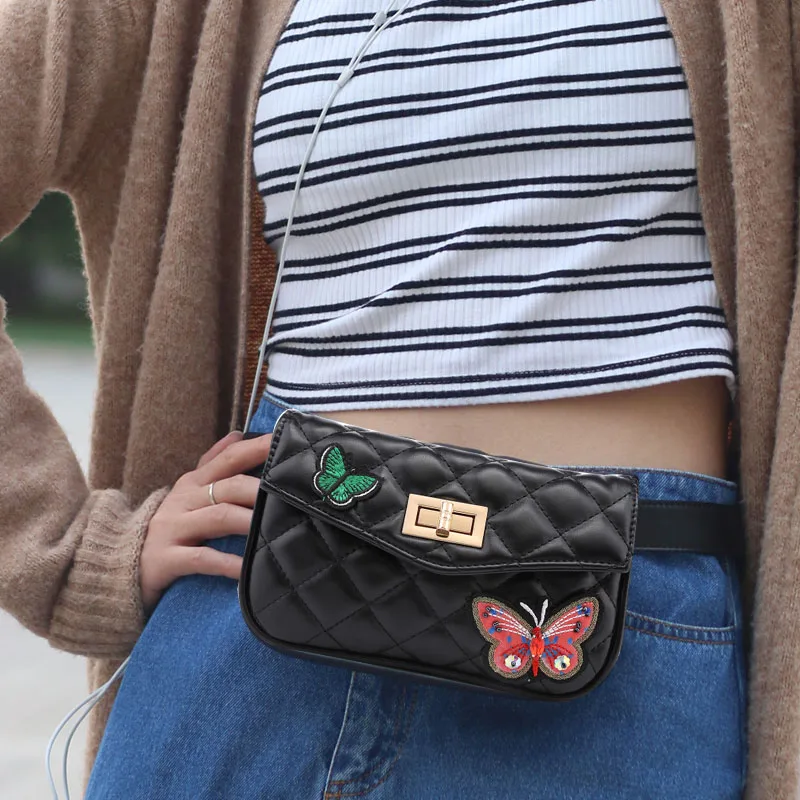 Women Waist Bag Butterfly Embroidered Belt High Quality PU Leather Fanny Pack Hip Bum for Cell Phone Purse celula | Багаж и сумки