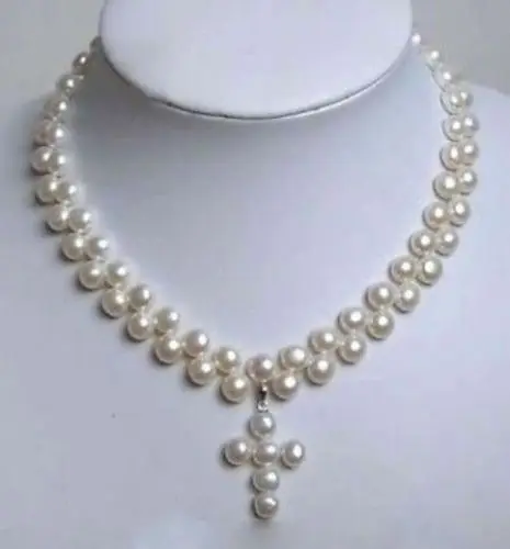 

Beautiful 2 Rows White Akoya Cultured Pearl Cross Pendant Necklace 18"