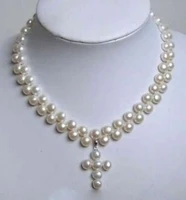 beautiful 2 rows white akoya cultured pearl cross pendant necklace 18