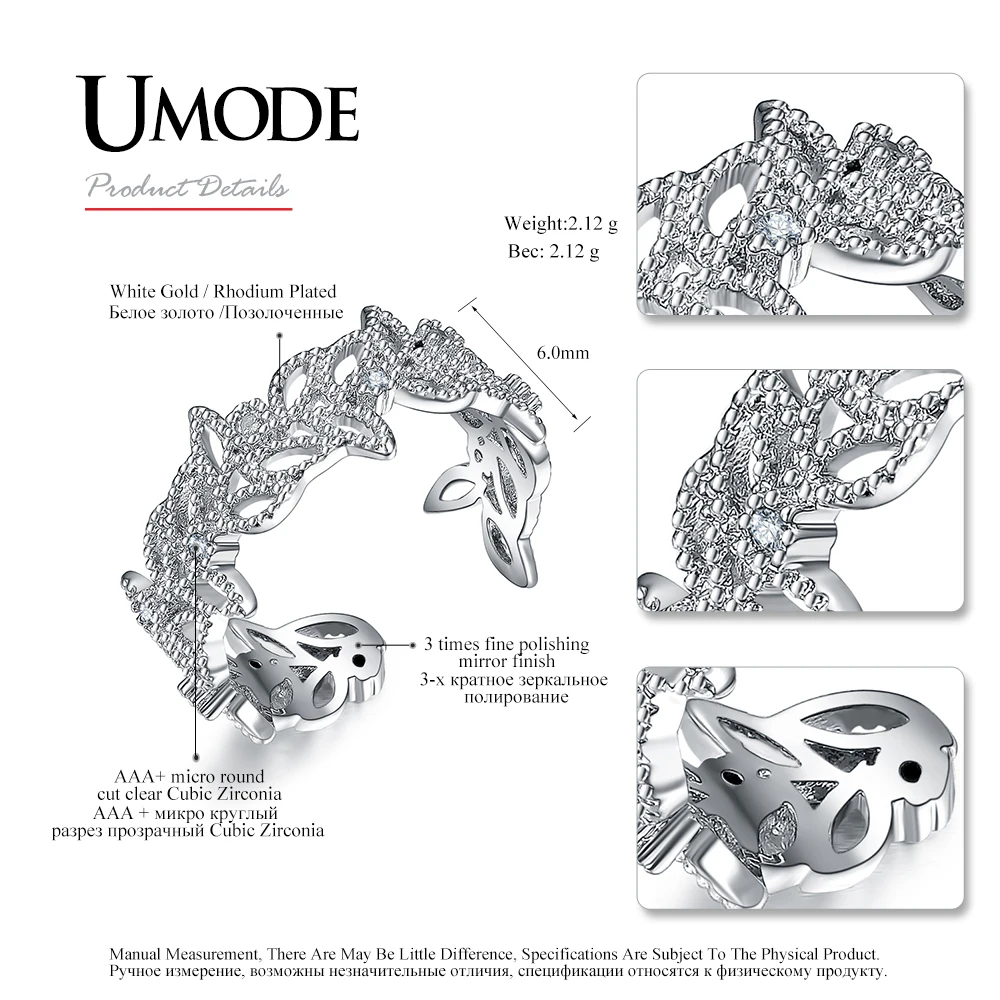 UMODE брендовые кольца в виде оливкового листа для женщин Белый Золотой Топ CZ