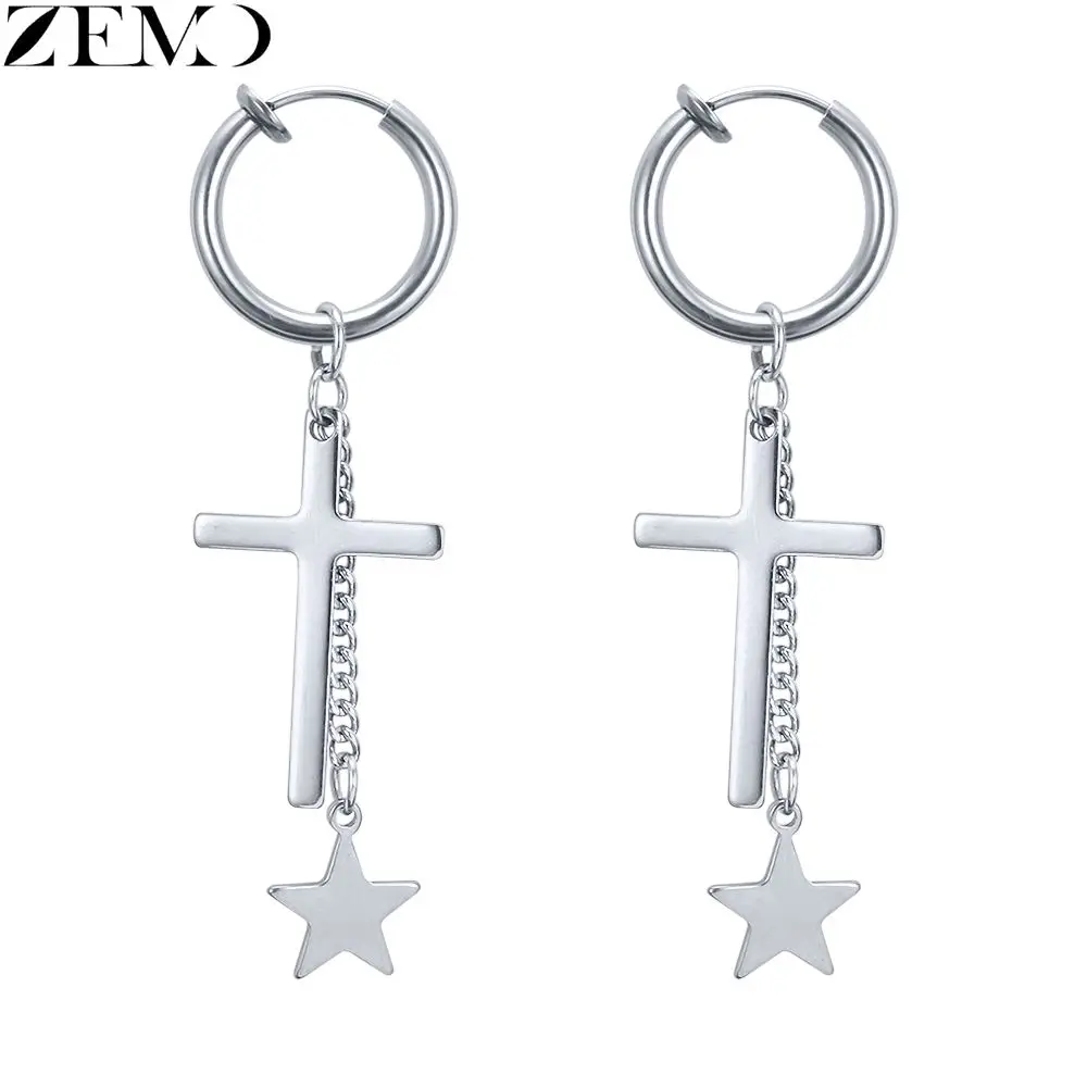 

ZEMO Men's Cross Clip Earrings Rapper's Kpop Star Stainless Steel Tassel Ear Cuff With No Holes Fake Piercing Female's Accessory