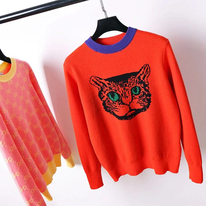 Runway Designer Red Cat Print Knitted Sweaters Pullovers Women 2018 Autumn Winter Long Sleeve Harajuku Sweet Jumper Clothes | Женская