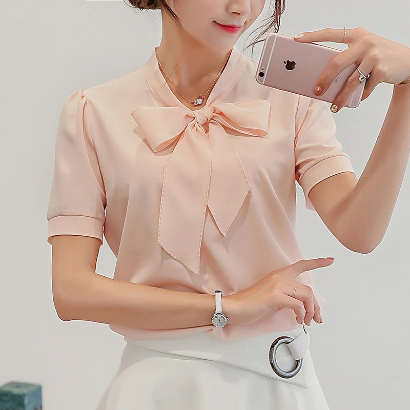 

BIBOYAMALL Blouses For Women Summer Women Tops Short Sleeve Casual Chiffon Blouse Female Work Wear Solid Pink Office Shirts