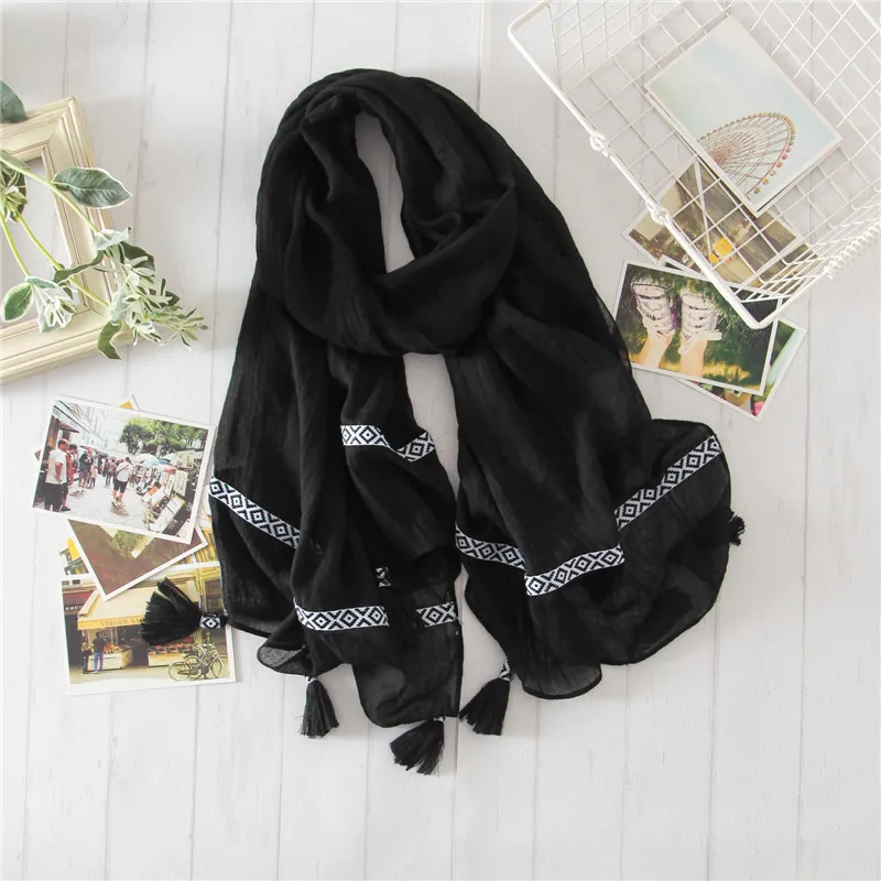 Solid Color Women Hijab Scarves for Ethnic Cotton Tassels Wrap Sunscreen Travel Long Shawl [1902] |