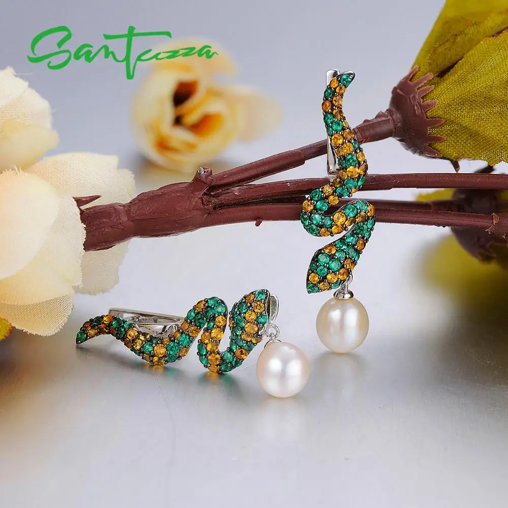 SANTUZZA, серебряные серьги для женщин, чистый 925 пробы, серебро, круглый зеленый шпинель, висячие серьги, Пресноводный Жемчуг, хорошее ювелирное изделие