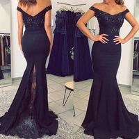 2021 navy blue lace applique mermaid prom dresses long formal mermaid beading bridesmaid dress for party gowns