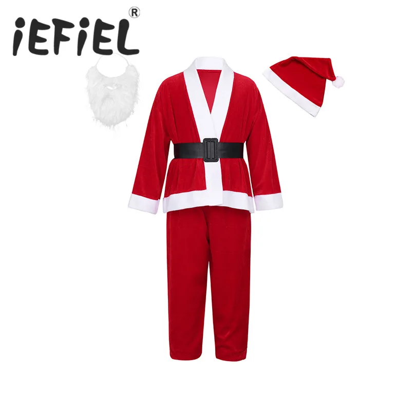 iEFiEL Kids Boys Girls Children Long Sleeves Christmas Xmas Santa Claus Costumes Outfits With Hat Beard Set for Dress Up | Тематическая