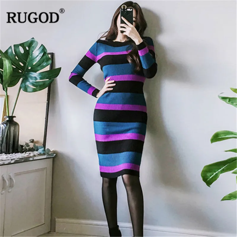 Женское платье с длинным рукавом RUGOD теплое зимнее средней длины в полоску vestidos