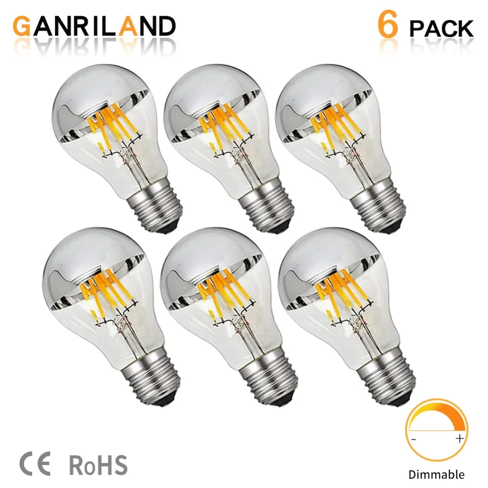 

GANRILAND LED Filament Bulbs A19 Silver Bowl Vertical 800 Lumens 8 Watt CRI 85 Warm White 2700K Cool White 6000K Clear Dimmable