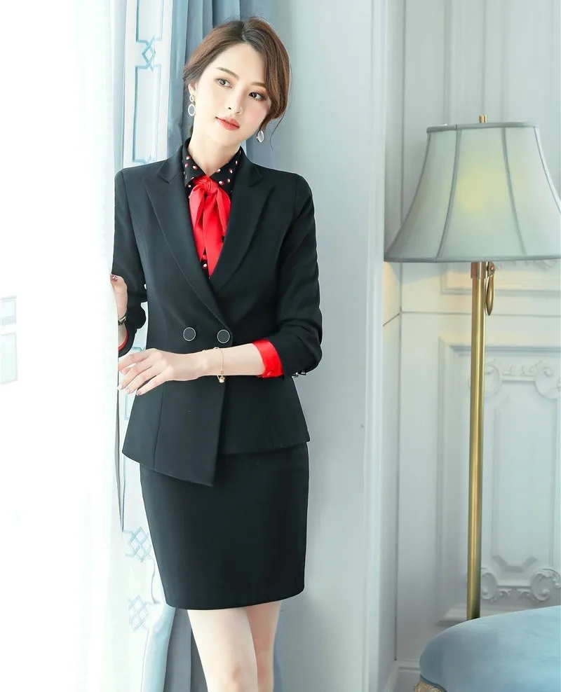 

Elegant Gray Professional Women Business Suits With Skirt and Blazer Coat Ladies Office Work Wear OL Styles Blazers Set