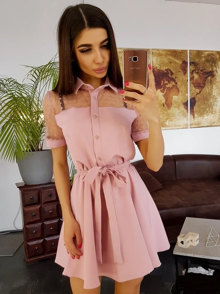 Летнее платье 2019 кружевное в горошек стиле пэчворк трапециевидной формы для