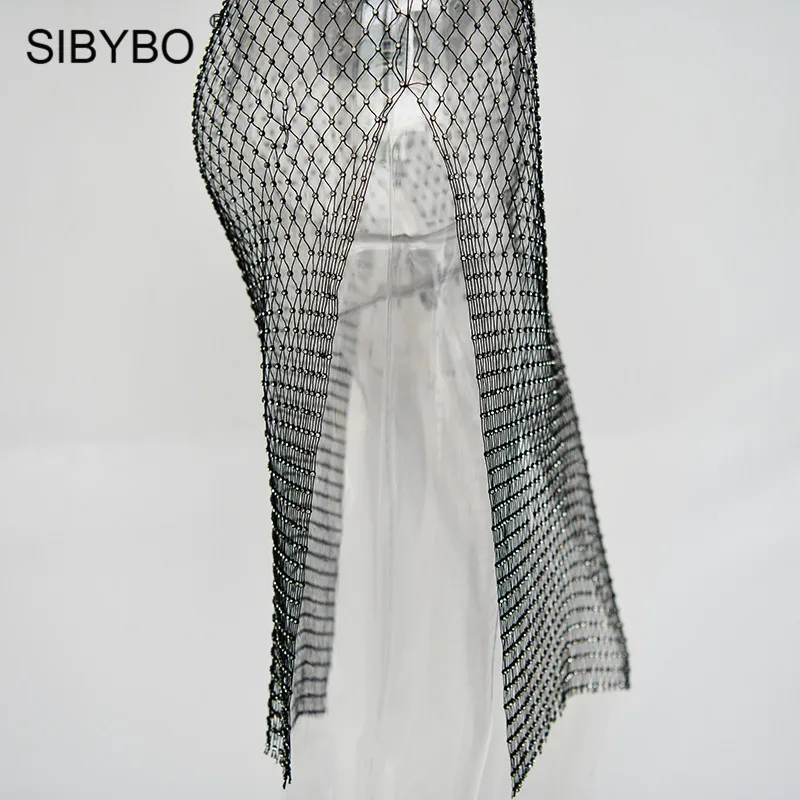 SIBYBO/сексуальное летнее пляжное платье в сеточку, украшенное бриллиантами, женское облегающее платье без рукавов, вечерние женские платья для ночного клуба
