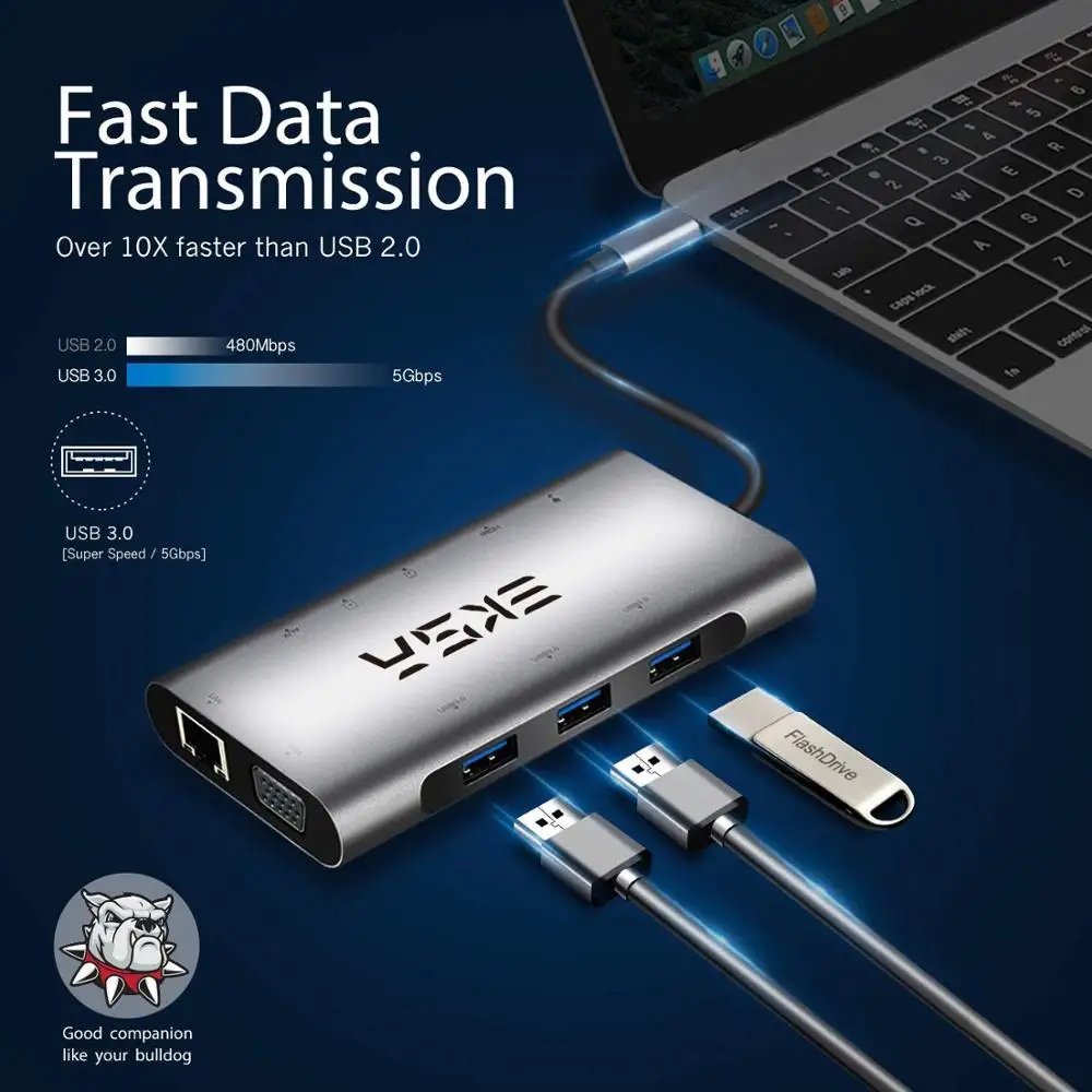 EKSA usb-хаб 10 в 1 type C концентратор 3,0 с 3 портами USB 3,0, 4K HDMI, 1080P VGA, RJ45, 3,5 мм разъем, кардридер для huawei P20 Pro