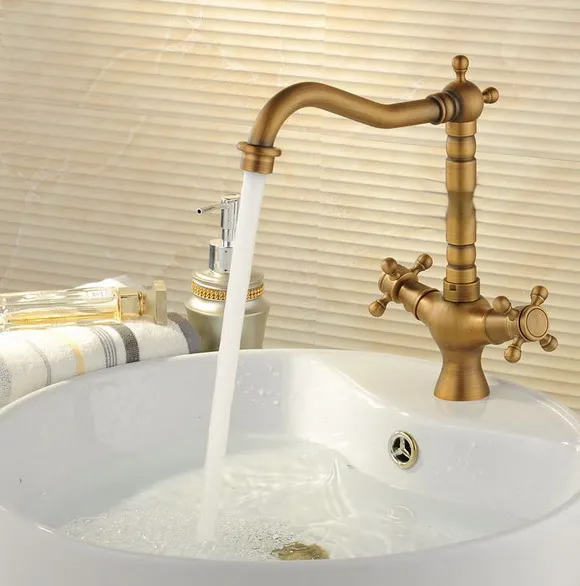 

Kitchen Faucets Antique Brass Bathroom Sink Faucet Spout Double Cross Handle 360 Degree Swivel Bath Basin Mixer Tap Lan020
