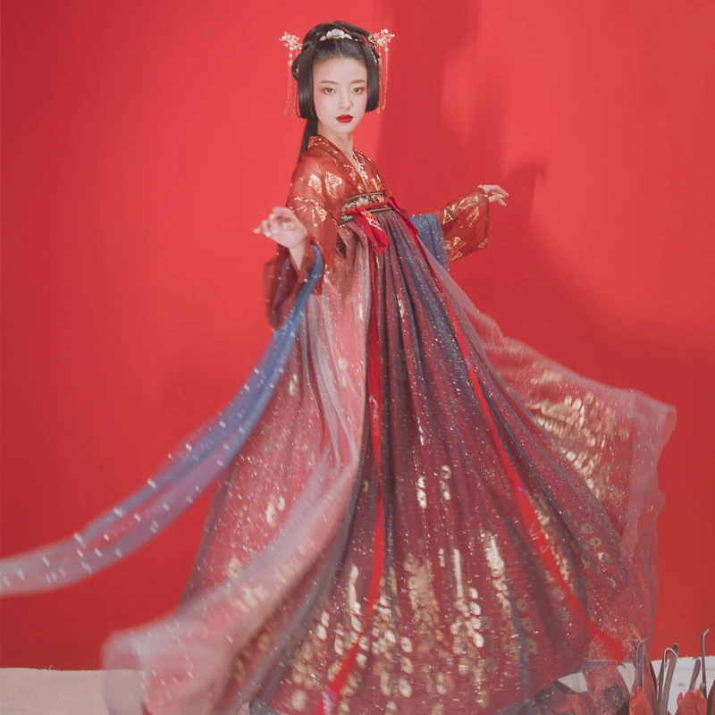 Сверкающий Красный Hanfu для женщин китайские костюмы с блестками косплея древних