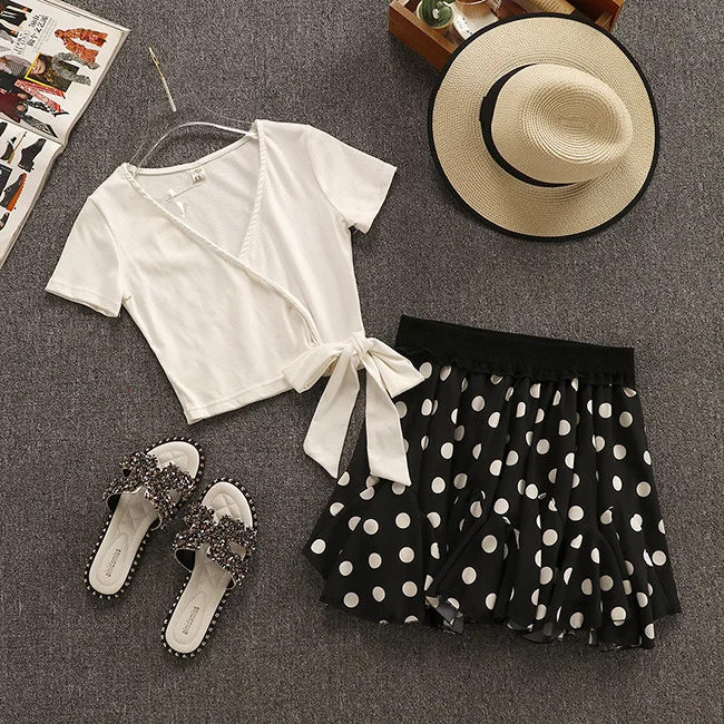 Женские летние юбки 2 шт. костюмы однотонный v-образный вырез короткий рукав