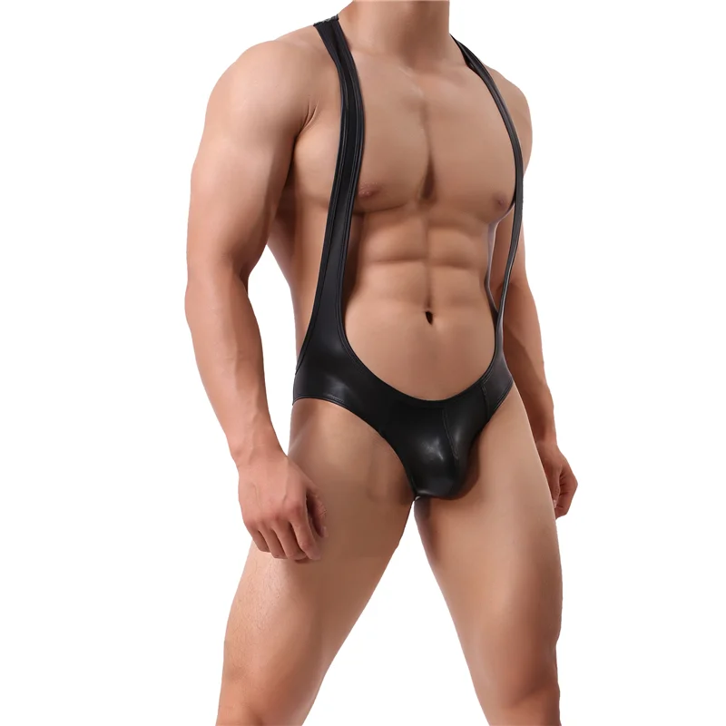 Faux Leather Men Bodysuit Shaper Sexy Body Shapewear Suit Slimming Belt Mens Bodywear Wresting Singlet Club Lingerie Shapers