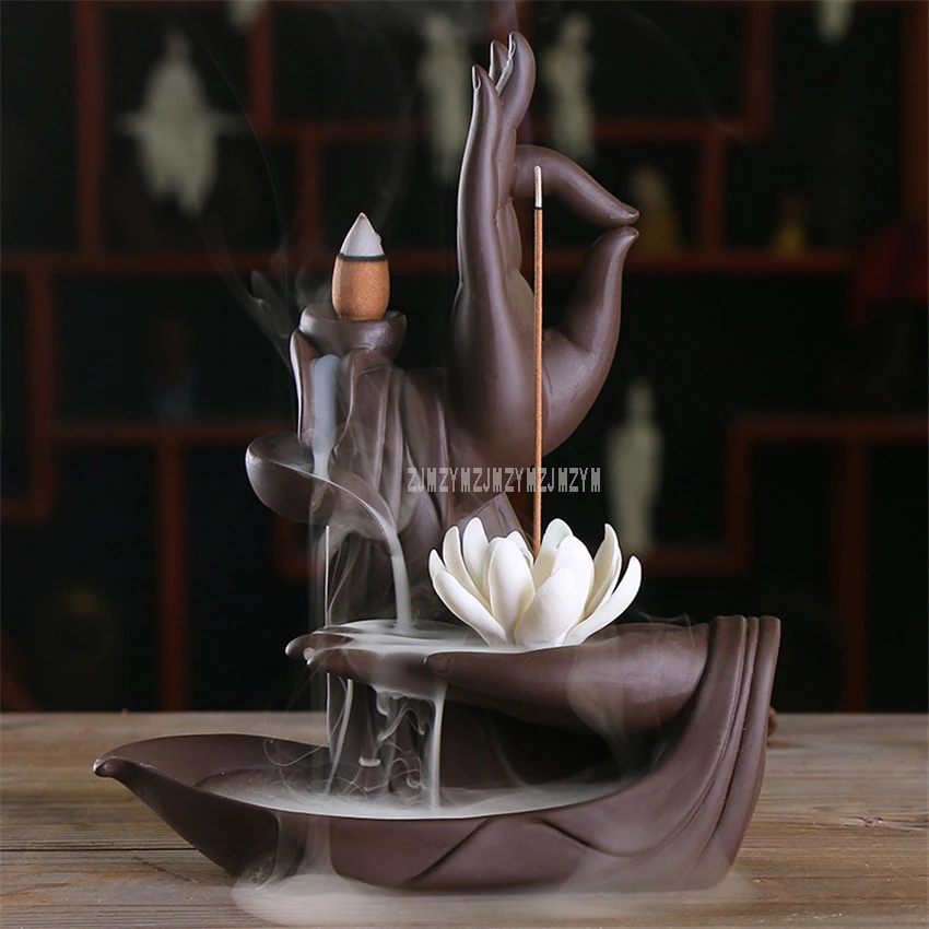 

Ceramic Hand of Buddha Lotus Smoke Backflow Incense Burner Aromatherapy Smoke Holder Censer Burner Home Office Ornaments