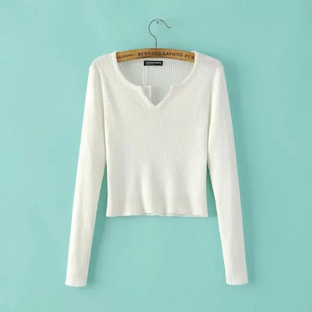 

2019 Spring fashion Women elegant Knitted short Sweaters pullovers V-Neck casual stretch fit long Sleeve female tops 7color