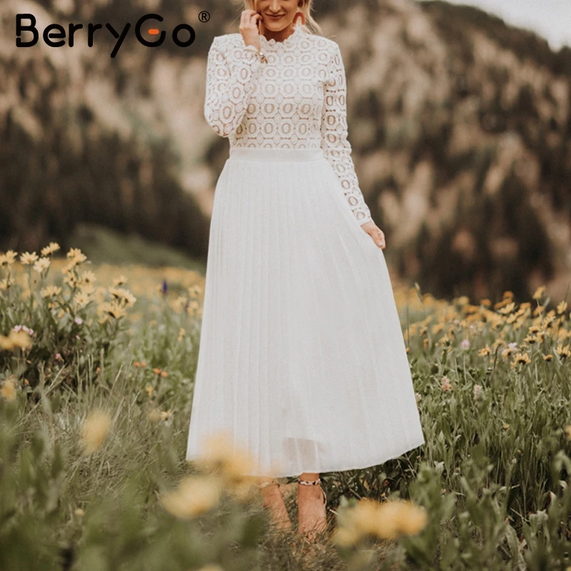 BerryGo Просто элегантно кружевное платье для женщин вышивка плиссированные с