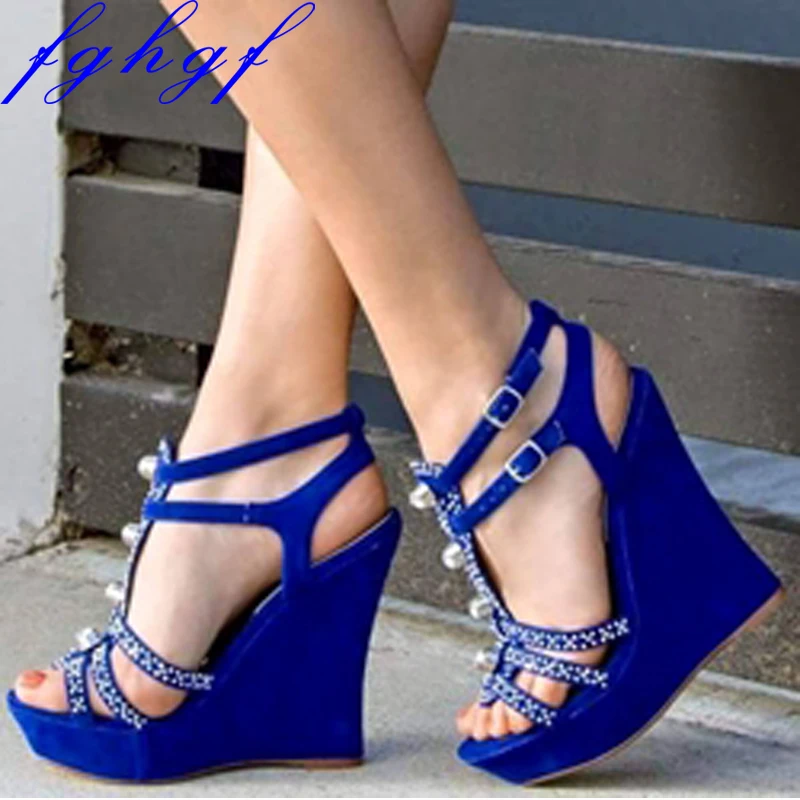 

Fghgf 2018 New Women's wedge sandals, blue wedge sandals with sparkly diamonds, and sexy, stylish sandals for weddings and parti