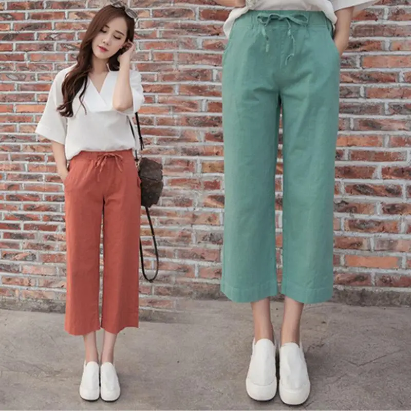 Брюки с широкими штанинами из хлопка и льна Свободные повседневные однотонные