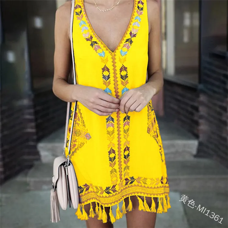 2019 new Women Smmer Mini Dresses Bohe V-neck Sleeveless Geometric Print With Tassel Ethnic Summer Beach Female vestidos verano | Женская